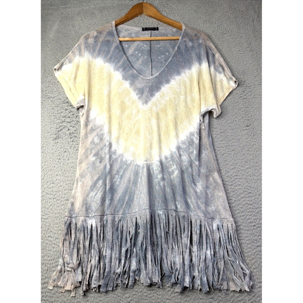 T Party Top Dress Womens Size Large Tie Dyed Gray White Yellow Fringed Tunic